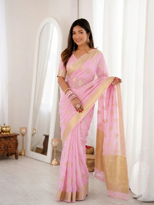 Pink Banarasi Soft Silk Party Wear Saree With Blouse - Front View | Samyak Fashion