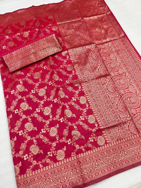 Pink Banarasi Soft Silk Party Wear Saree With Blouse - Side View | Samyak Fashion