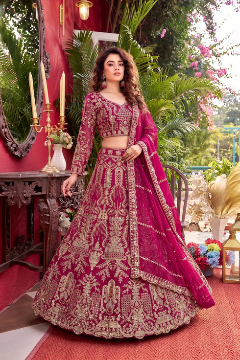 Pink Butterfly Net Lehenga Choli Ethnic Embroidery Sequins Work With Can-can & Canvas Patta - Back View | Samyak Fashion