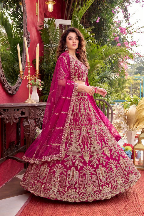 Pink Butterfly Net Lehenga Choli Ethnic Embroidery Sequins Work With Can-can & Canvas Patta - Side View | Samyak Fashion