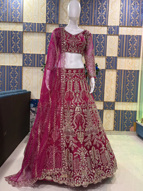 Pink Butterfly Net Lehenga Choli Ethnic Embroidery Sequins Work With Can-can & Canvas Patta - Detail View | Samyak Fashion