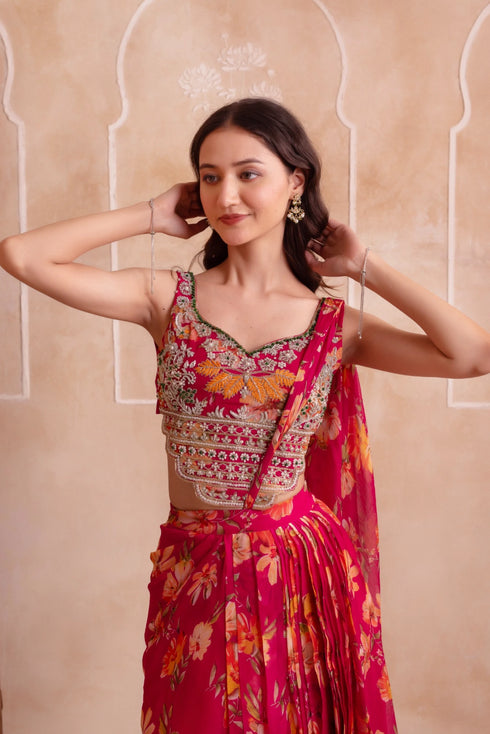 Pink Chiffon Arty Lehenga Choli - Detail View | Samyak Fashion