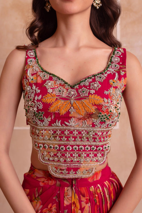 Pink Chiffon Arty Lehenga Choli - Close-up View | Samyak Fashion
