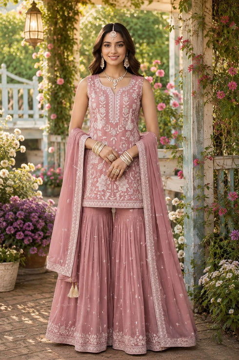 Pink Chiffon Salwar Suits - Front View | Samyak Fashion