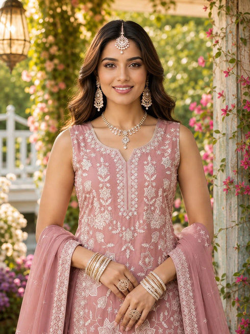 Pink Chiffon Salwar Suits - Back View | Samyak Fashion