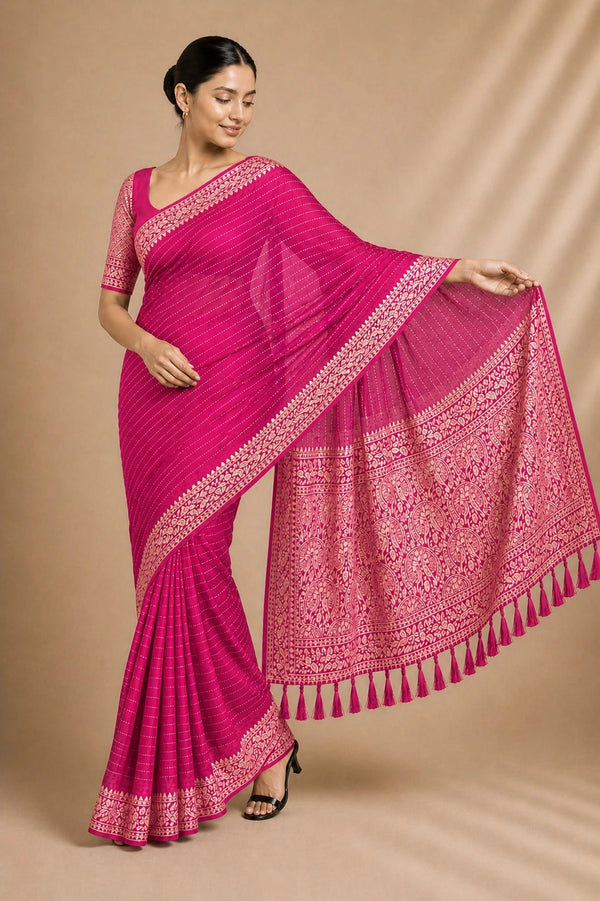 Pink Chiffon Saree With Blouse - Front View | Samyak Fashion