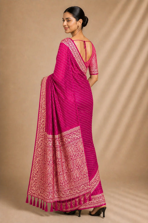 Pink Chiffon Saree With Blouse - Back View | Samyak Fashion
