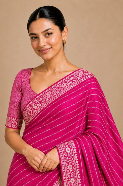 Pink Chiffon Saree With Blouse - Side View | Samyak Fashion
