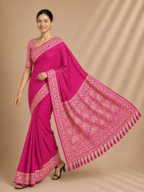Pink Chiffon Saree With Blouse - Detail View | Samyak Fashion