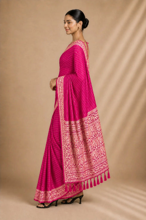 Pink Chiffon Saree With Blouse - Close-up View | Samyak Fashion