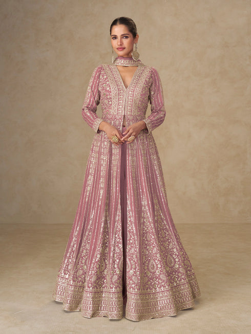 Pink Chinon Gown With Dupatta With Dupatta - Front View | Samyak Fashion