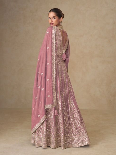 Pink Chinon Gown With Dupatta With Dupatta - Back View | Samyak Fashion