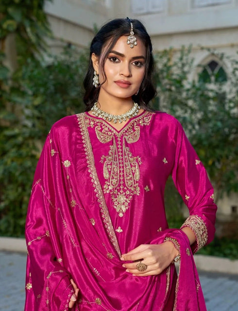Pink Chinon Plazzo Suit With Dupatta - Back View | Samyak Fashion