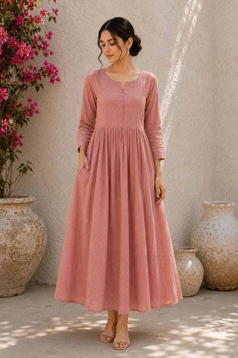 Pink Cotton Gown - Front View | Samyak Fashion