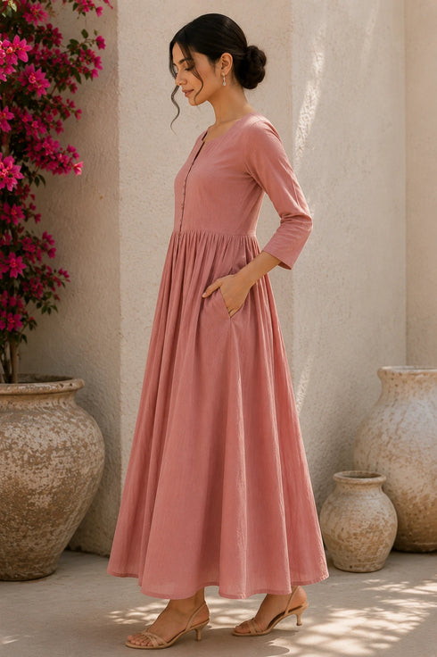 Pink Cotton Gown - Back View | Samyak Fashion