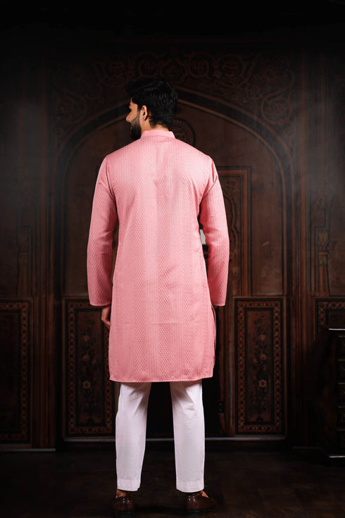 Pink Cotton Mens Kurta With Payjama - Back View | Samyak Fashion