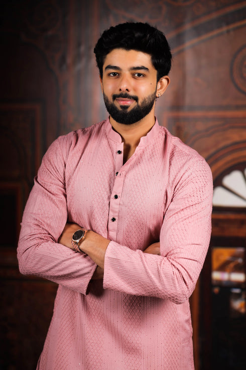 Pink Cotton Mens Kurta With Payjama - Side View | Samyak Fashion