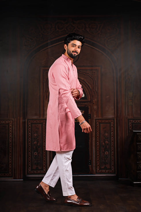 Pink Cotton Mens Kurta With Payjama - Detail View | Samyak Fashion