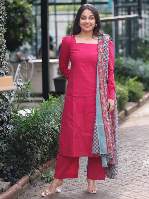 Pink Cotton Salwar Suits - Front View | Samyak Fashion