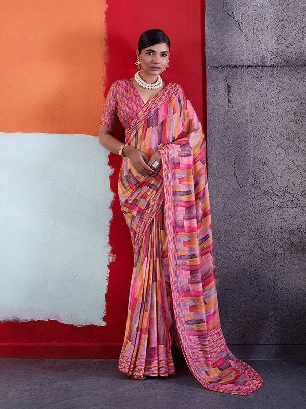 Pink Crepe Elegant Party Wear Saree Collection With Blouse - Front View | Samyak Fashion