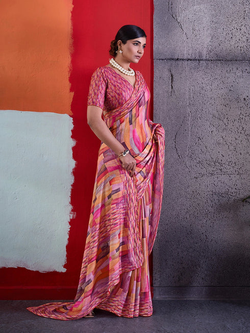 Pink Crepe Elegant Party Wear Saree Collection With Blouse - Back View | Samyak Fashion