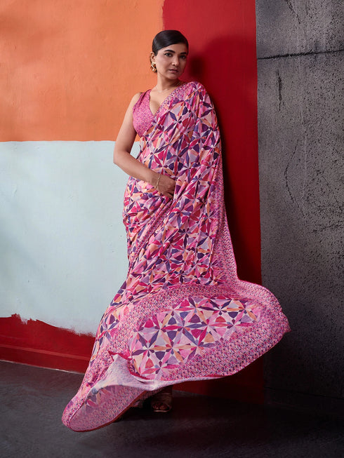 Pink Crepe Elegant Party Wear Saree Collection With Blouse - Back View | Samyak Fashion