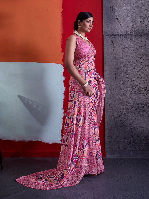 Pink Crepe Elegant Party Wear Saree Collection With Blouse - Side View | Samyak Fashion