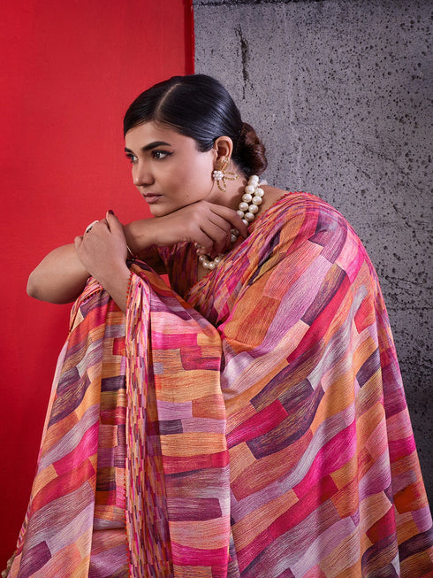 Pink Crepe Elegant Party Wear Saree Collection With Blouse - Close-up View | Samyak Fashion