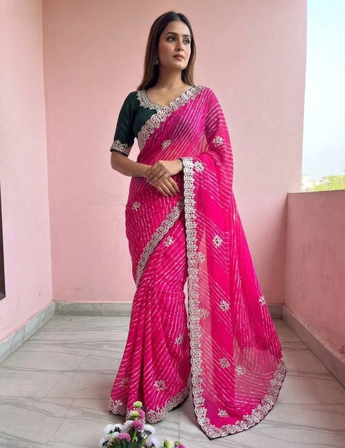 Pink Cyc Georgette Saree With Blouse - Front View | Samyak Fashion