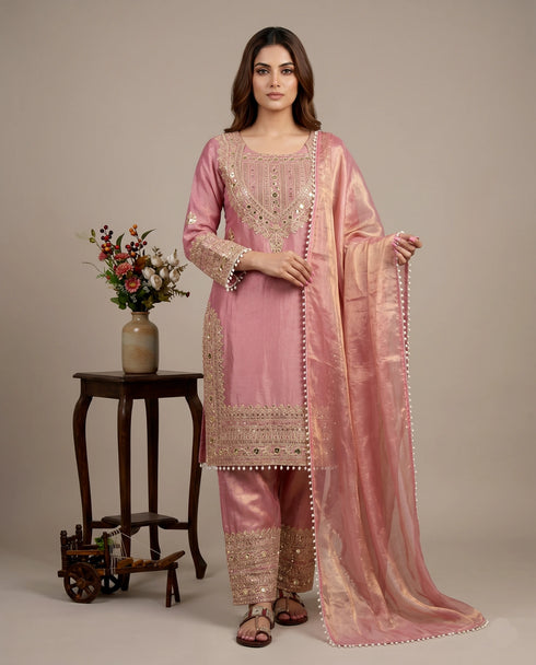 Pink Fendy Silk Elegant Salwar Suit - Front View | Samyak Fashion