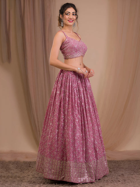 Pink Georgette Lehenga Choli - Side View | Samyak Fashion