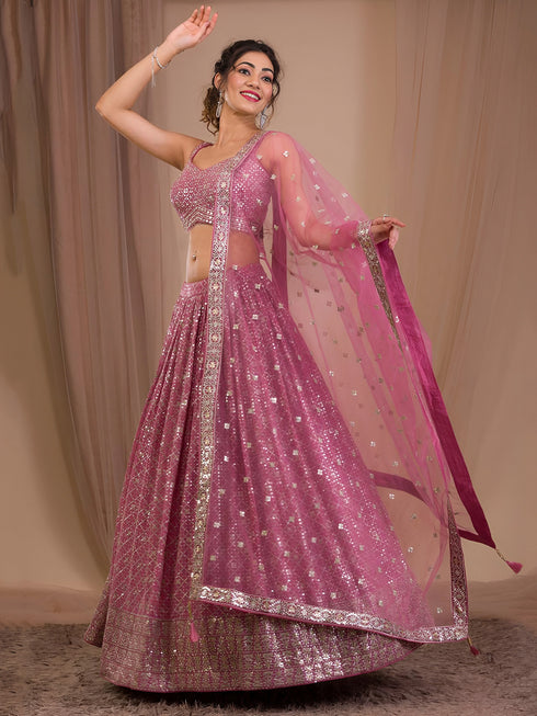 Pink Georgette Lehenga Choli - Detail View | Samyak Fashion