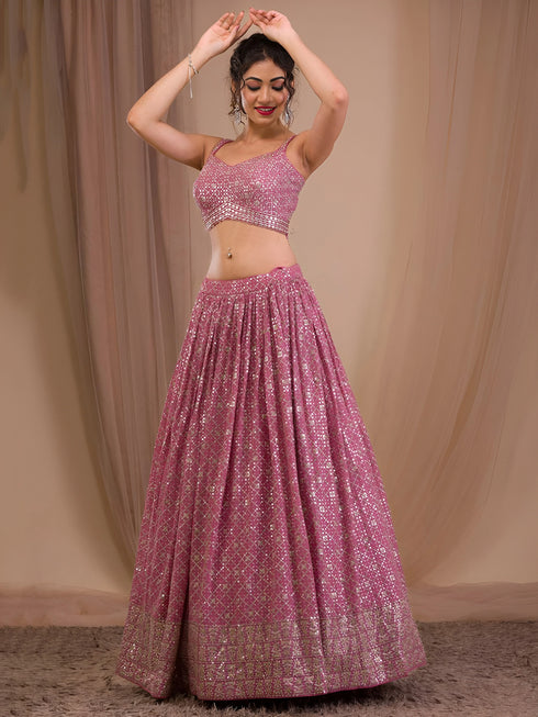 Pink Georgette Lehenga Choli - Close-up View | Samyak Fashion