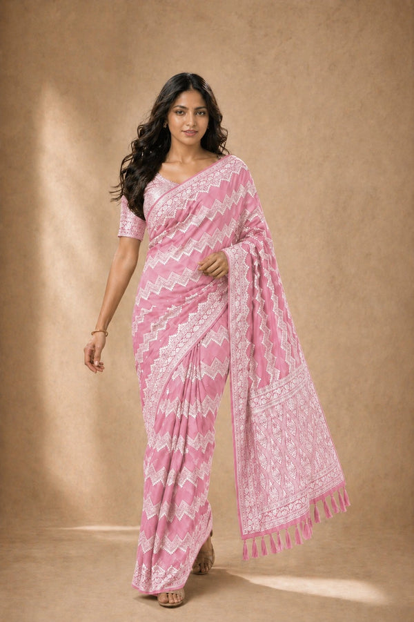 Pink Georgette Saree With Blouse - Front View | Samyak Fashion