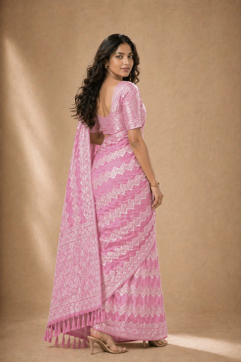 Pink Georgette Saree With Blouse - Back View | Samyak Fashion