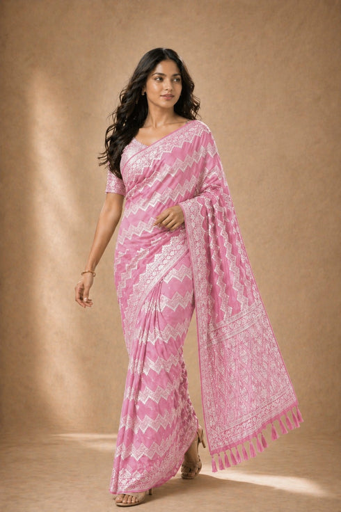 Pink Georgette Saree With Blouse - Detail View | Samyak Fashion