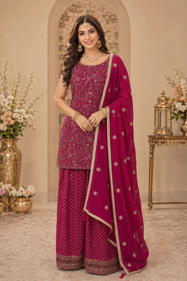 Pink Georgette Sharara Suit Embroidery,swarovski Work - Front View | Samyak Fashion
