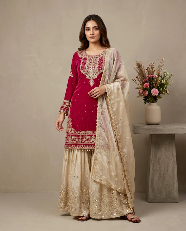 Pink Heavy Gmy Silk Elegant Salwar Suit - Front View | Samyak Fashion