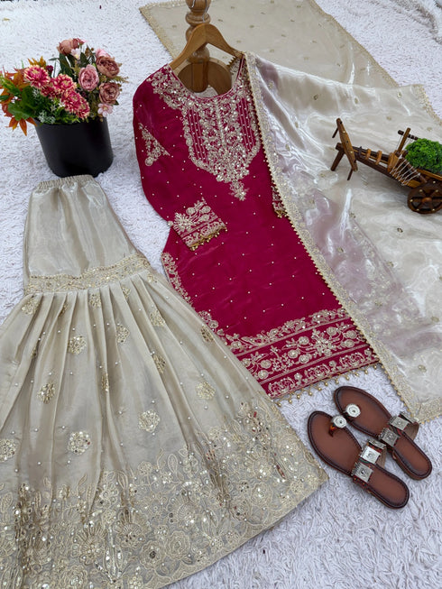 Pink Heavy Gmy Silk Elegant Salwar Suit - Side View | Samyak Fashion
