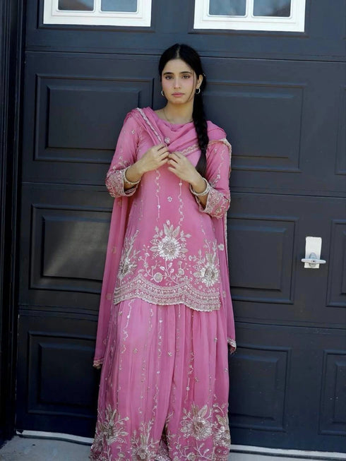Pink Heavy Star Georgette Silk Salwar Suit - Back View | Samyak Fashion
