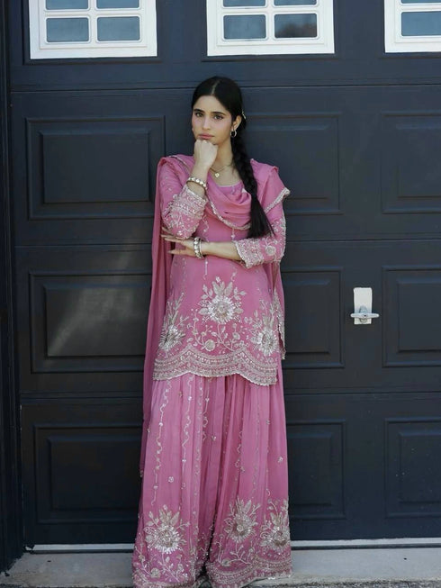 Pink Heavy Star Georgette Silk Salwar Suit - Side View | Samyak Fashion