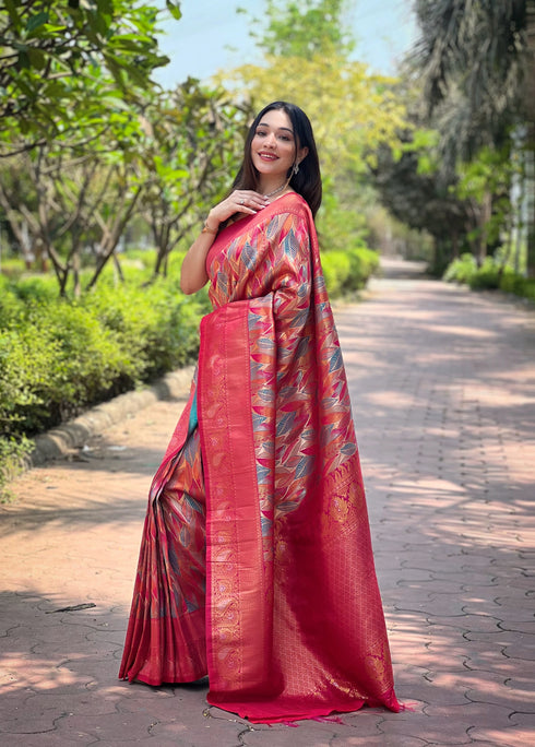 Pink Kanchipattu Silk Party Wear Saree With Blouse - Back View | Samyak Fashion