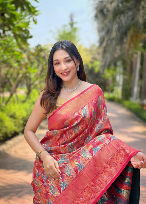 Pink Kanchipattu Silk Party Wear Saree With Blouse - Side View | Samyak Fashion