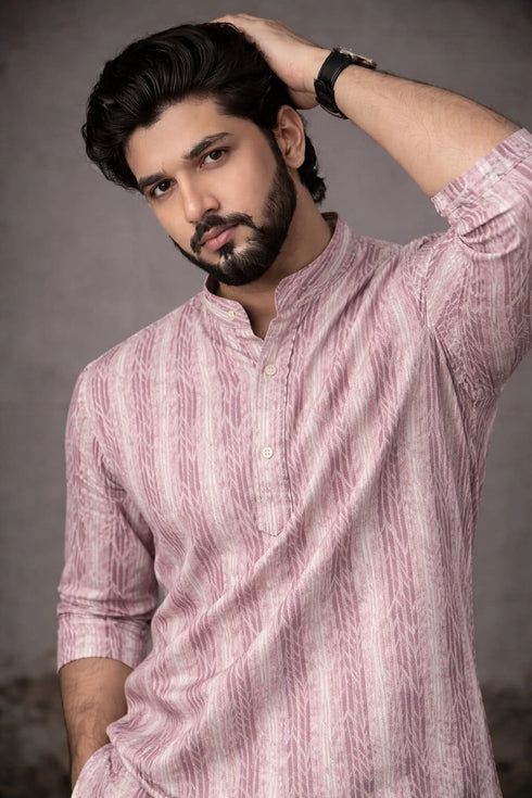 Pink Linen Mens Short Kurta - Front View | Samyak Fashion