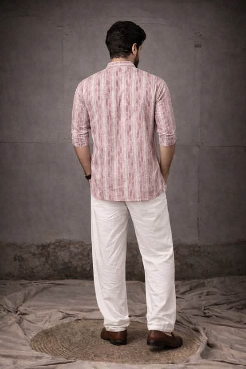 Pink Linen Mens Short Kurta - Back View | Samyak Fashion