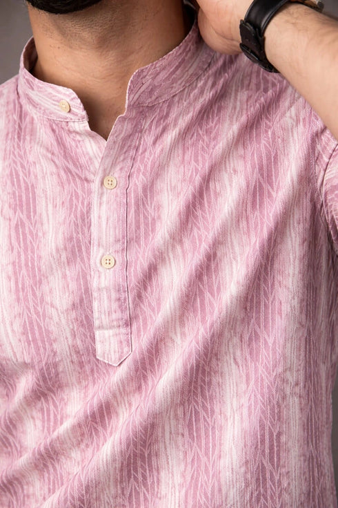 Pink Linen Mens Short Kurta - Detail View | Samyak Fashion