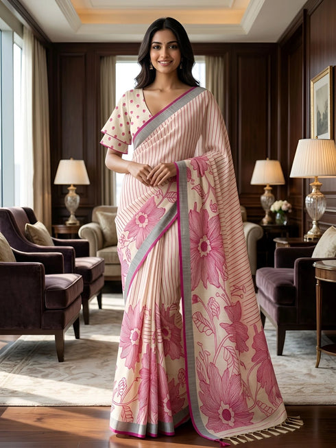 Pink Linen Saree With Blouse - Front View | Samyak Fashion