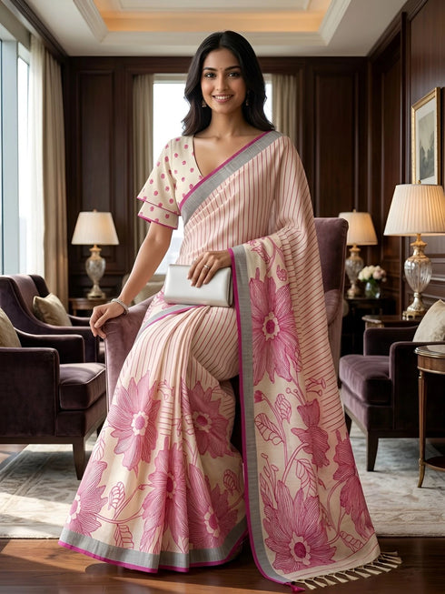 Pink Linen Saree With Blouse - Detail View | Samyak Fashion
