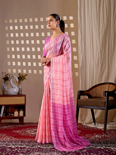 Pink Monsoon Georgette Silk Party Wear Saree With Blouse - Side View | Samyak Fashion