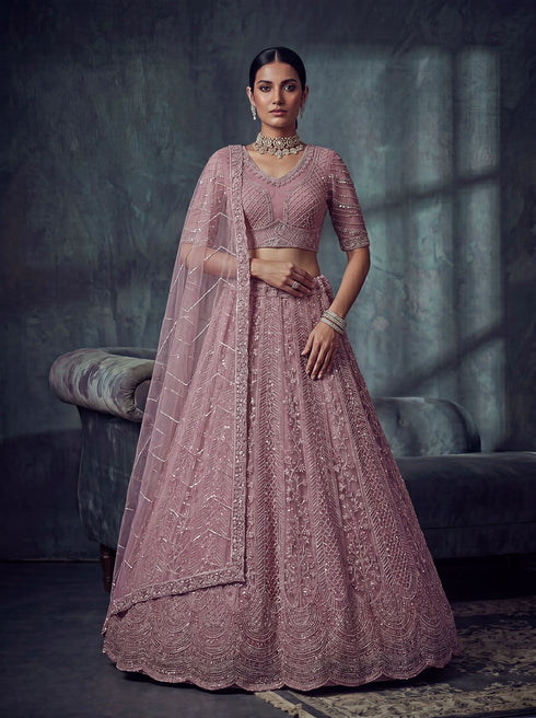 Pink Net Lehenga Choli - Front View | Samyak Fashion